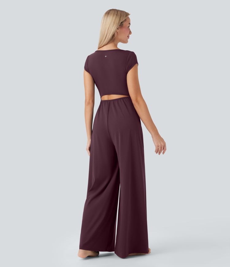 Softlyzero™ Airy Notched Collar Short Sleeve Wide Leg Cool Touch Yoga Jumpsuit with Side Pockets-Easy Peezy Edition