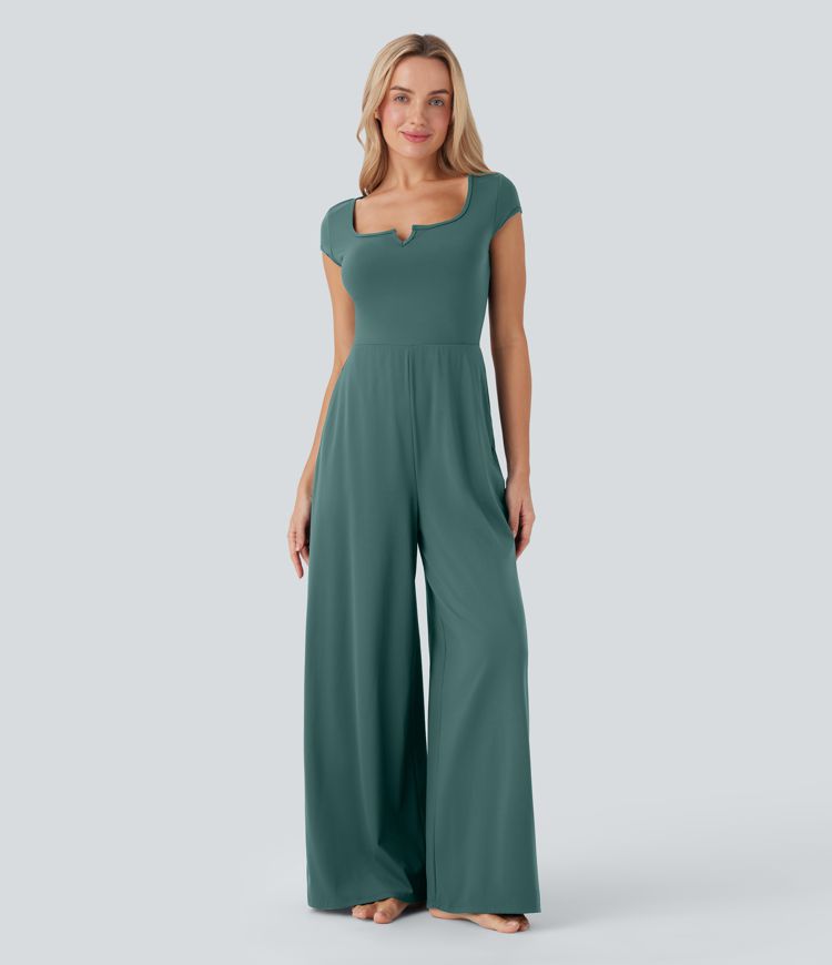 Softlyzero™ Airy Notched Collar Short Sleeve Wide Leg Cool Touch Yoga Jumpsuit with Side Pockets-Easy Peezy Edition