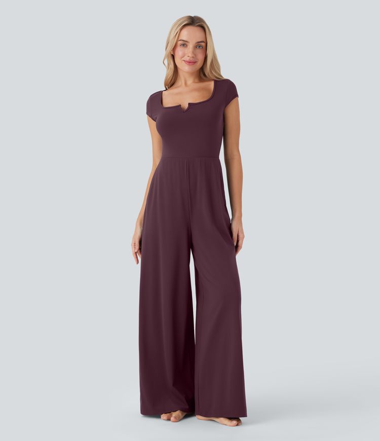 Softlyzero™ Airy Notched Collar Short Sleeve Wide Leg Cool Touch Yoga Jumpsuit with Side Pockets-Easy Peezy Edition