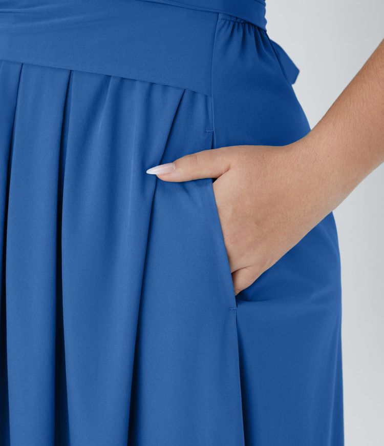 Breezeful™ V Neck Short Sleeve Pocket Tie Back Quick Dry Midi Casual Plus Size Dress
