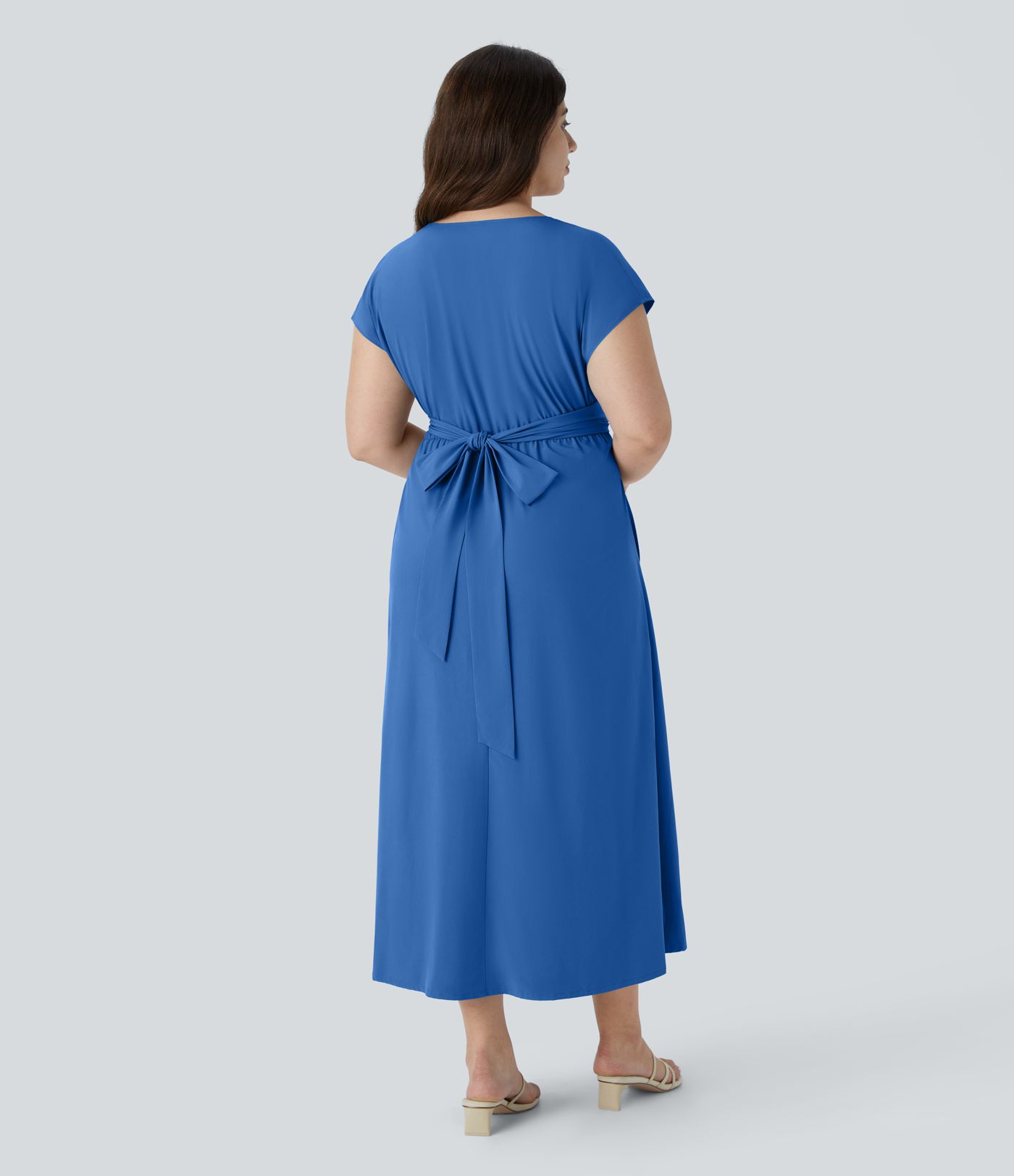 Breezeful™ V Neck Short Sleeve Pocket Tie Back Quick Dry Midi Casual Plus Size Dress