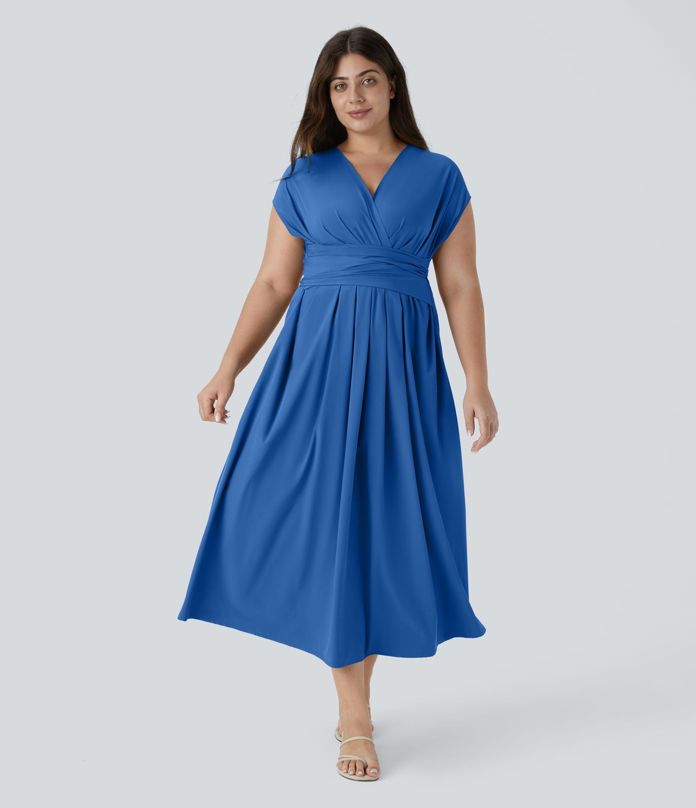 Breezeful™ V Neck Short Sleeve Pocket Tie Back Quick Dry Midi Casual Plus Size Dress