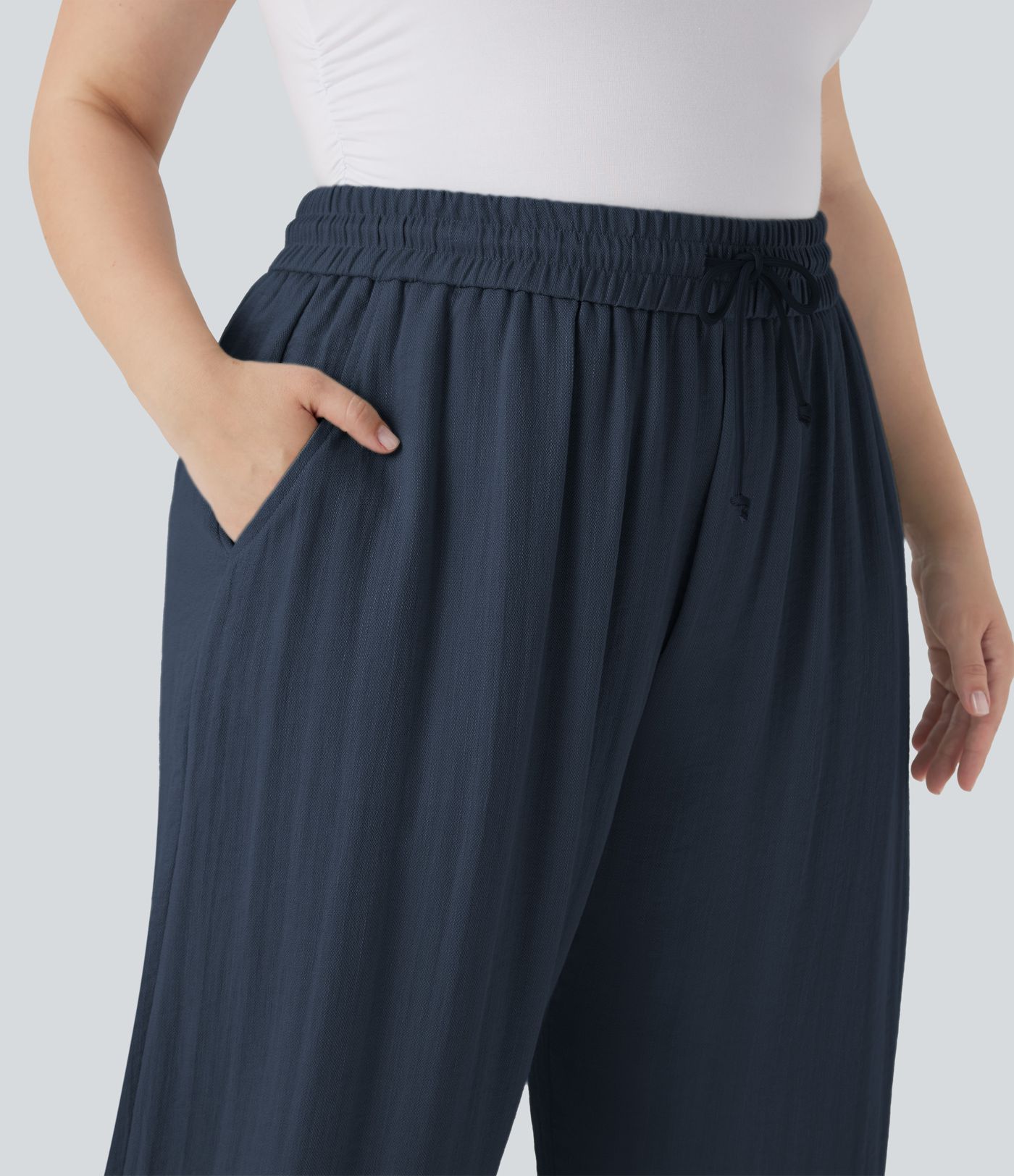 High Waisted Drawstring Linen-Feel Wide Leg Women Baggy Casual Plus Size Pants with Pockets