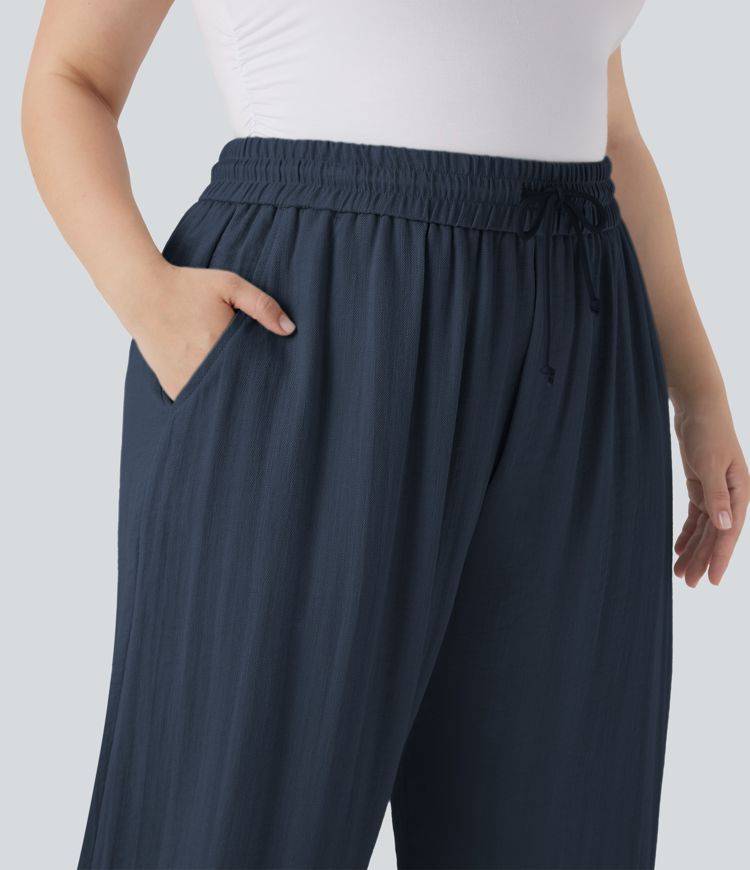 High Waisted Drawstring Linen-Feel Wide Leg Casual Plus Size Pants with Pockets