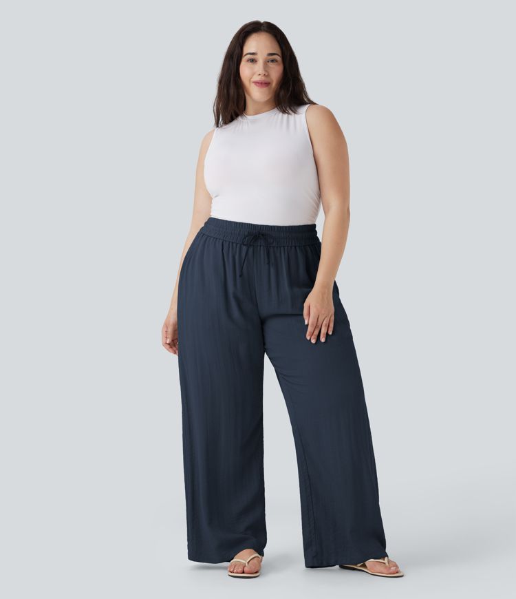 High Waisted Drawstring Linen-Feel Wide Leg Casual Plus Size Pants with Pockets