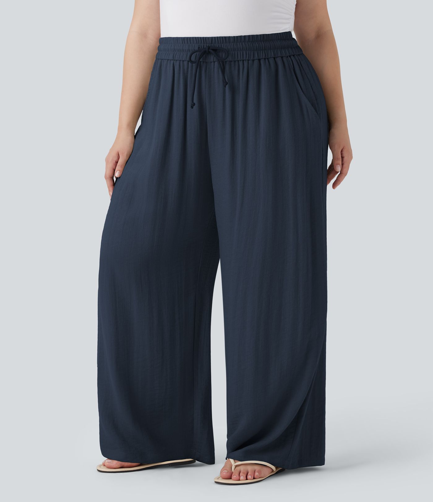 High Waisted Drawstring Linen-Feel Wide Leg Women Baggy Casual Plus Size Pants with Pockets