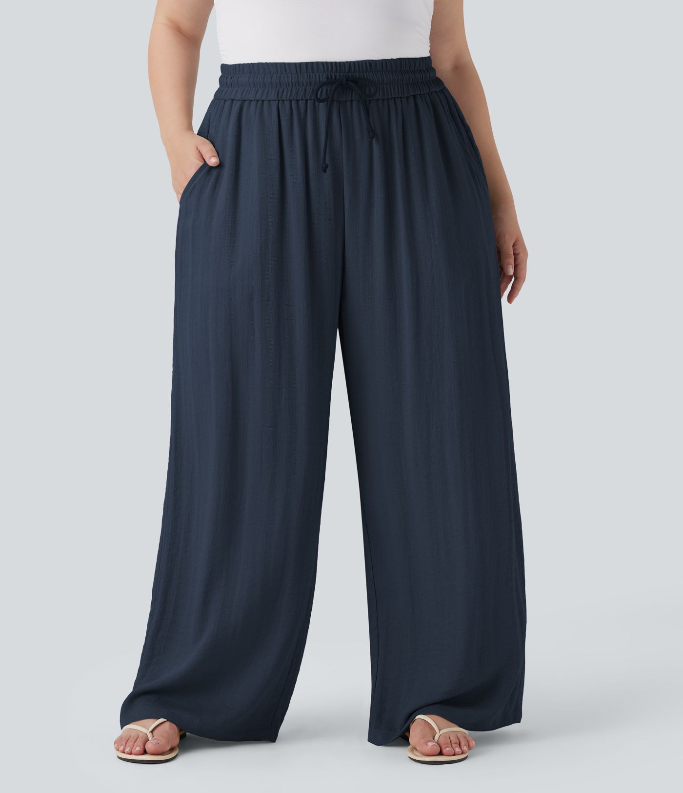 High Waisted Drawstring Linen-Feel Wide Leg Women Baggy Casual Plus Size Pants with Pockets