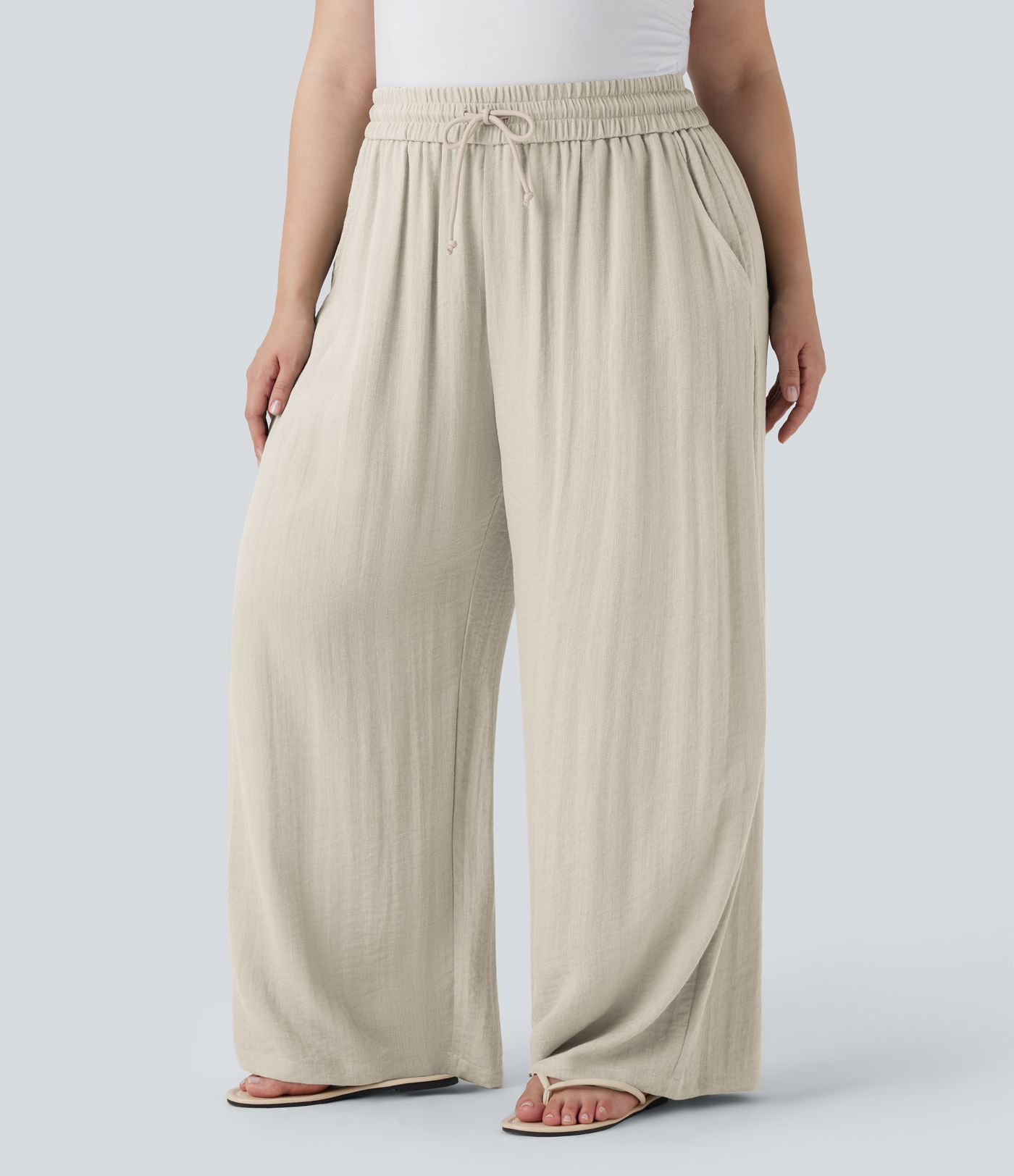High Waisted Drawstring Linen-Feel Wide Leg Women Baggy Casual Plus Size Pants with Pockets