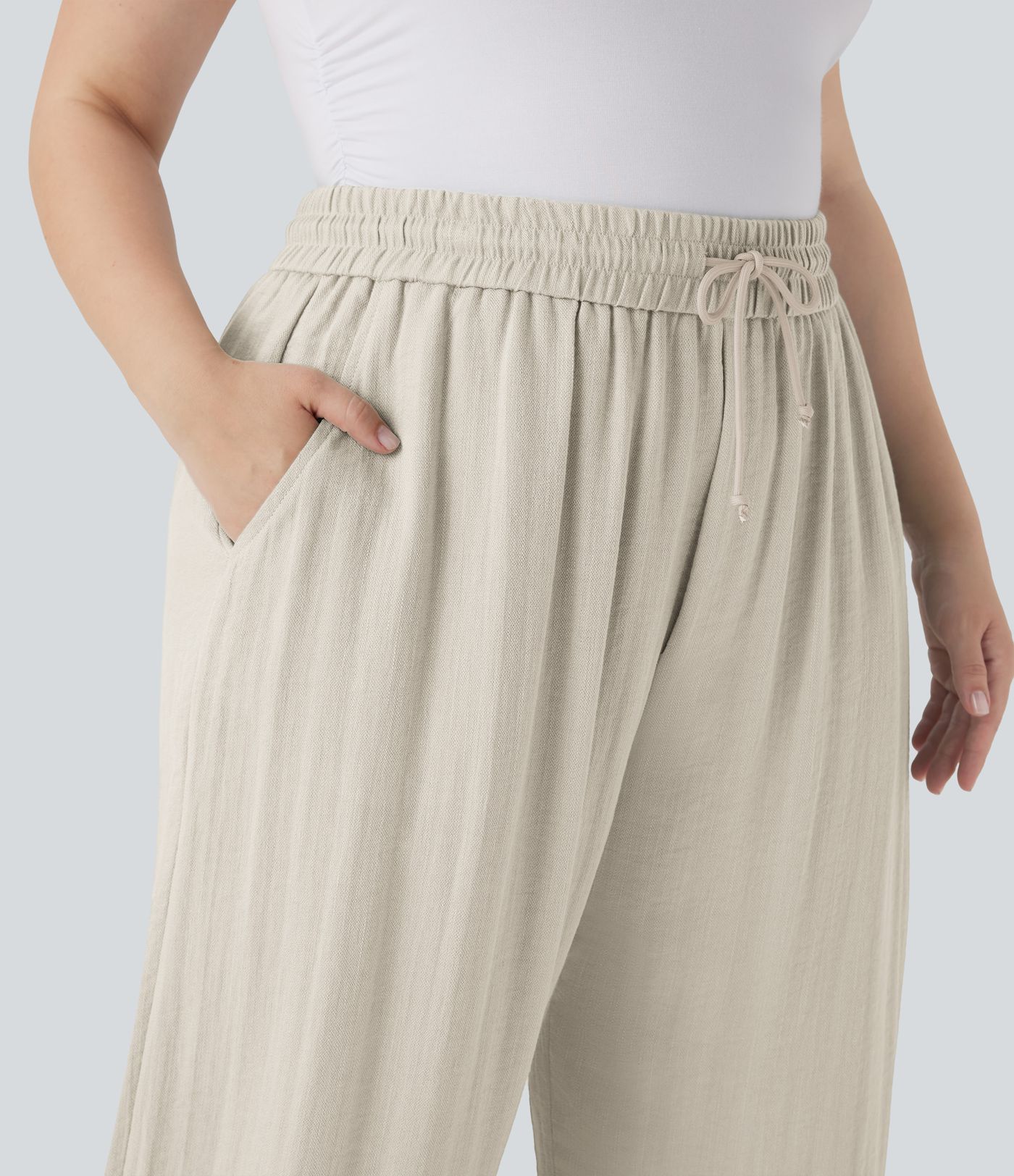 High Waisted Drawstring Linen-Feel Wide Leg Women Baggy Casual Plus Size Pants with Pockets