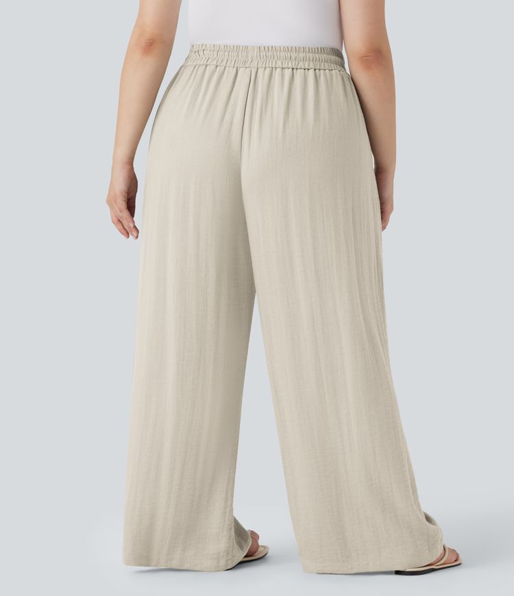High Waisted Drawstring Linen-Feel Wide Leg Casual Plus Size Pants with Pockets