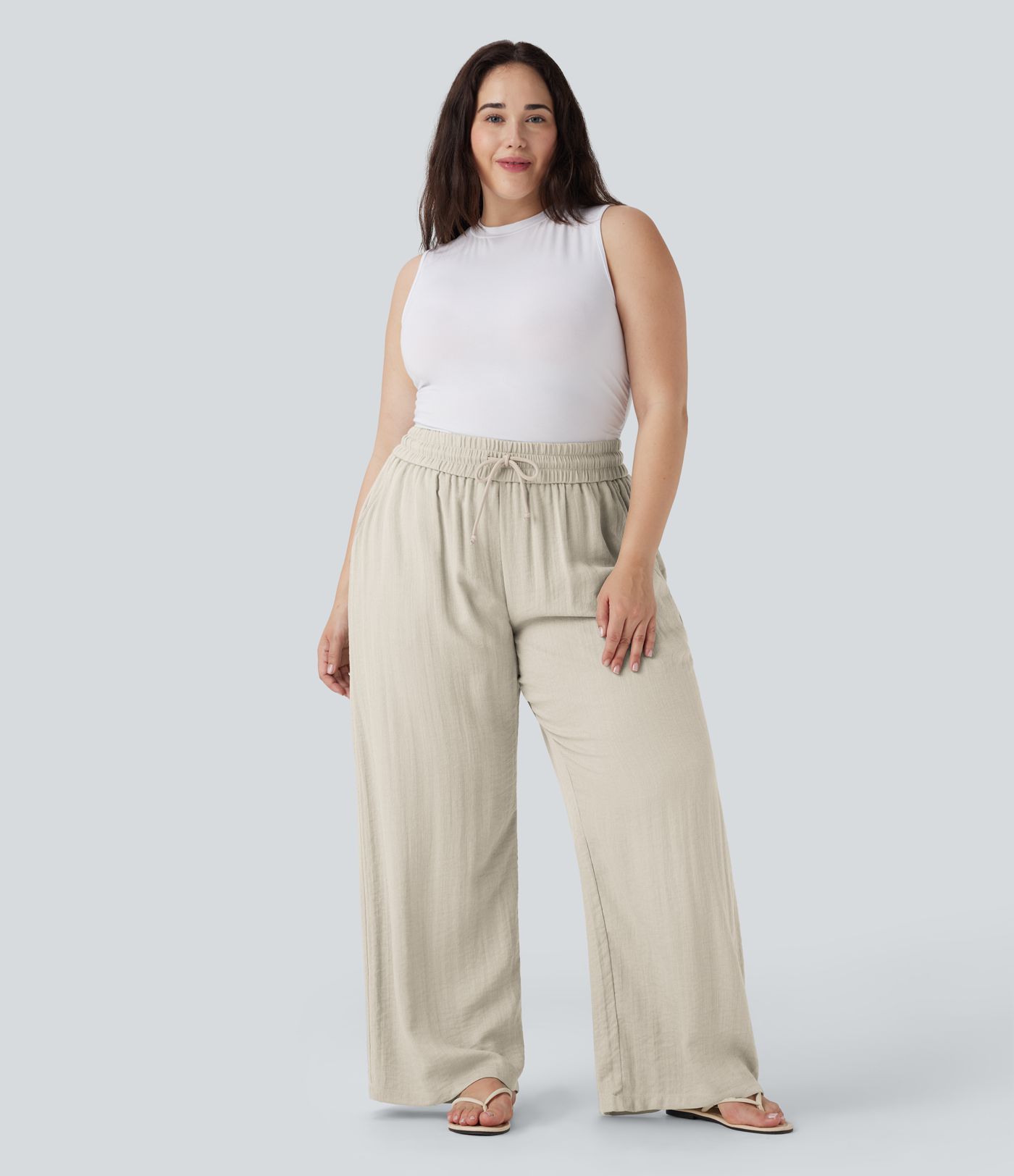 High Waisted Drawstring Linen-Feel Wide Leg Women Baggy Casual Plus Size Pants with Pockets