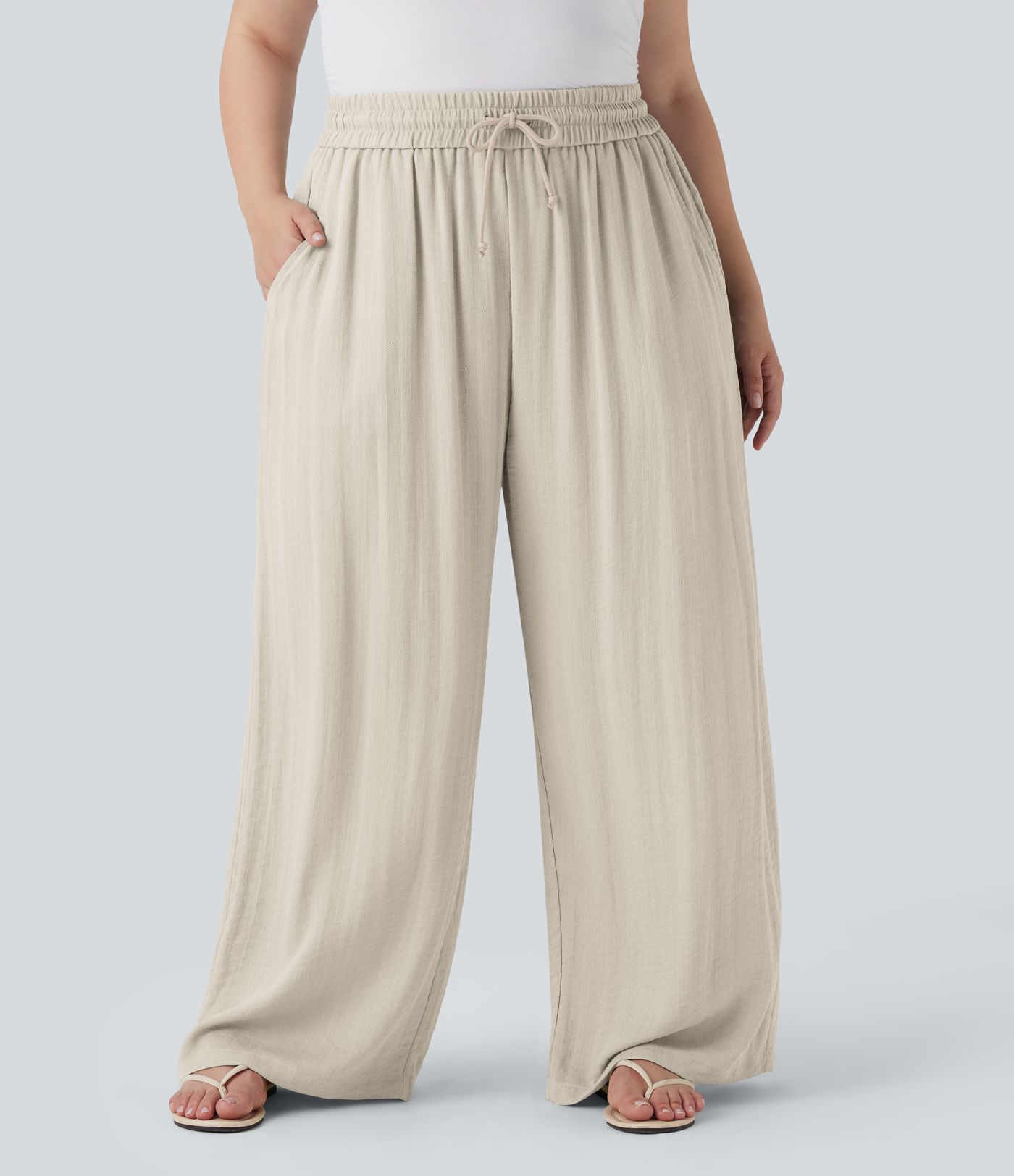 High Waisted Drawstring Linen-Feel Wide Leg Women Baggy Casual Plus Size Pants with Pockets