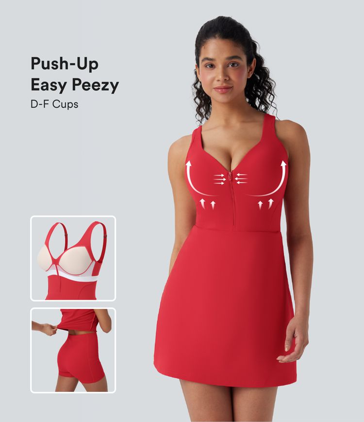 Softlyzero™ Plush Push-Up Molded Cups Zipper Adjustable Strap Backless 2-in-1 Yoga Active Dress with Pockets-Easy Peezy-D/DD/DDD/F
