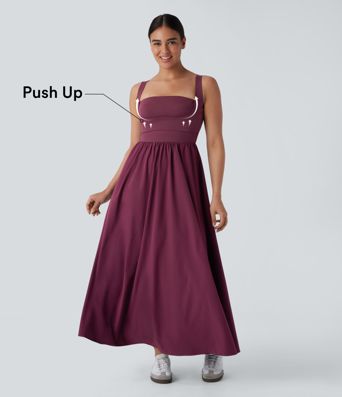 Breezeful™ Molded Cups Push Up Square Neck Pocket Flowy Maxi Quick Dry Casual Dress