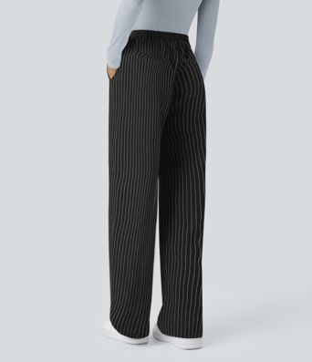 High Waisted Pocket Wide Leg Stripe Work Pants