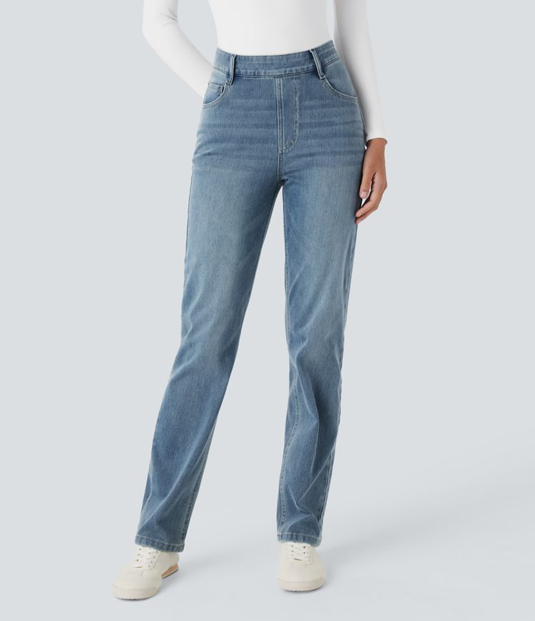 Jean droit Halara Flex™ à taille haute, poches multiples, effet délavé et tissu extensible