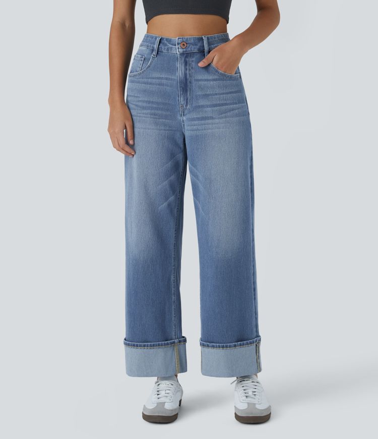 Halara Flex™ Jean Larges Taille Haute Ourlet Roulotté Multiples Poches