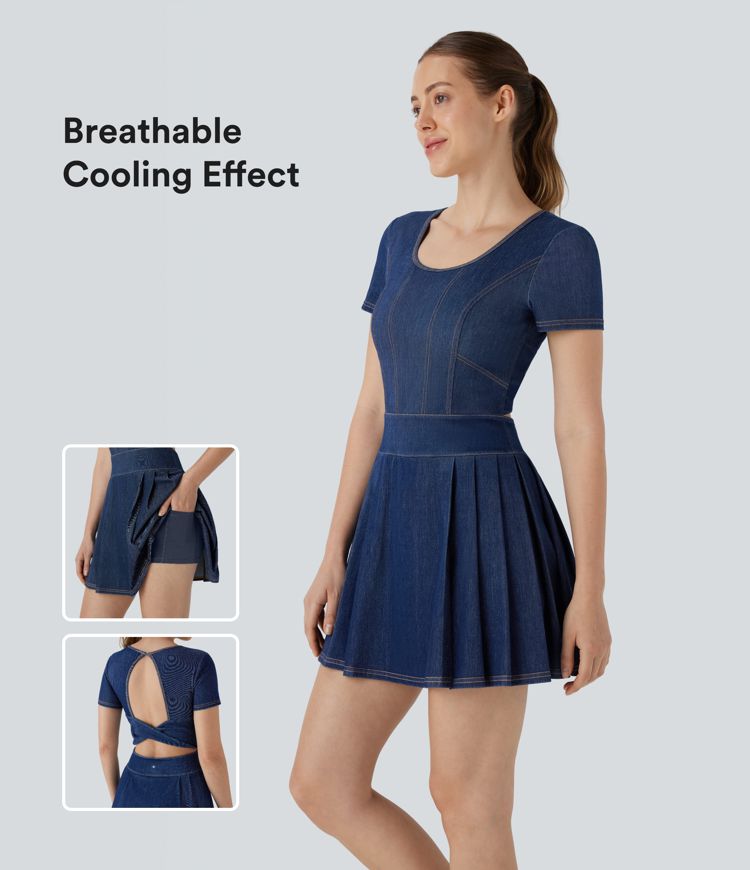 Halara Flex™ Rückenfreies, gedrehtes, plissiertes 2-in-1-Tennis-Active-Kleid aus gewaschenem, dehnbarem Strick-Denim mit Taschen