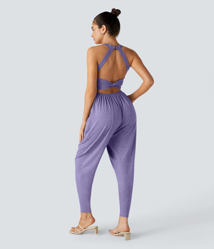 Backless Twisted U Neck Side Pocket Harem Casual Jumpsuit-Easy Peezy Edition