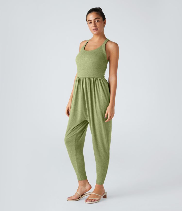 Backless Twisted U Neck Plicated Side Pocket Harem Casual Jumpsuit