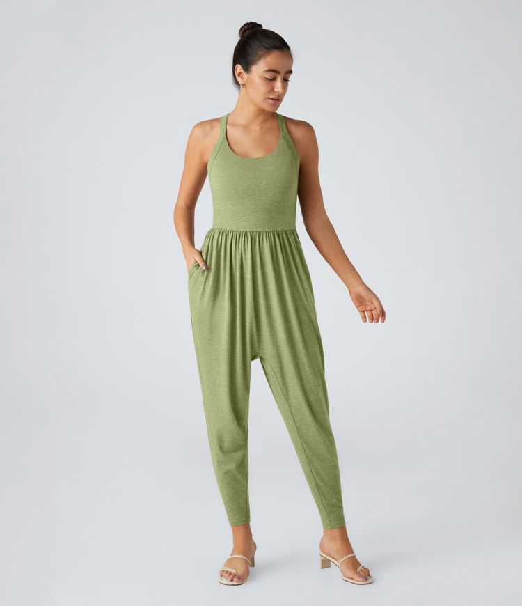 Backless Twisted U Neck Plicated Side Pocket Harem Casual Jumpsuit