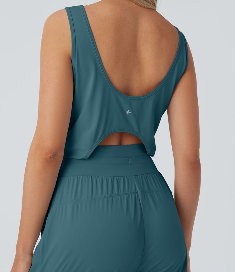 Mono de Yoga Sin Mangas en Corte y Bolsillo en Cordón de Toque Fresco-UPF50+