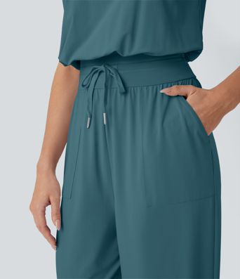 Mono de Yoga Sin Mangas en Corte y Bolsillo en Cordón de Toque Fresco-UPF50+