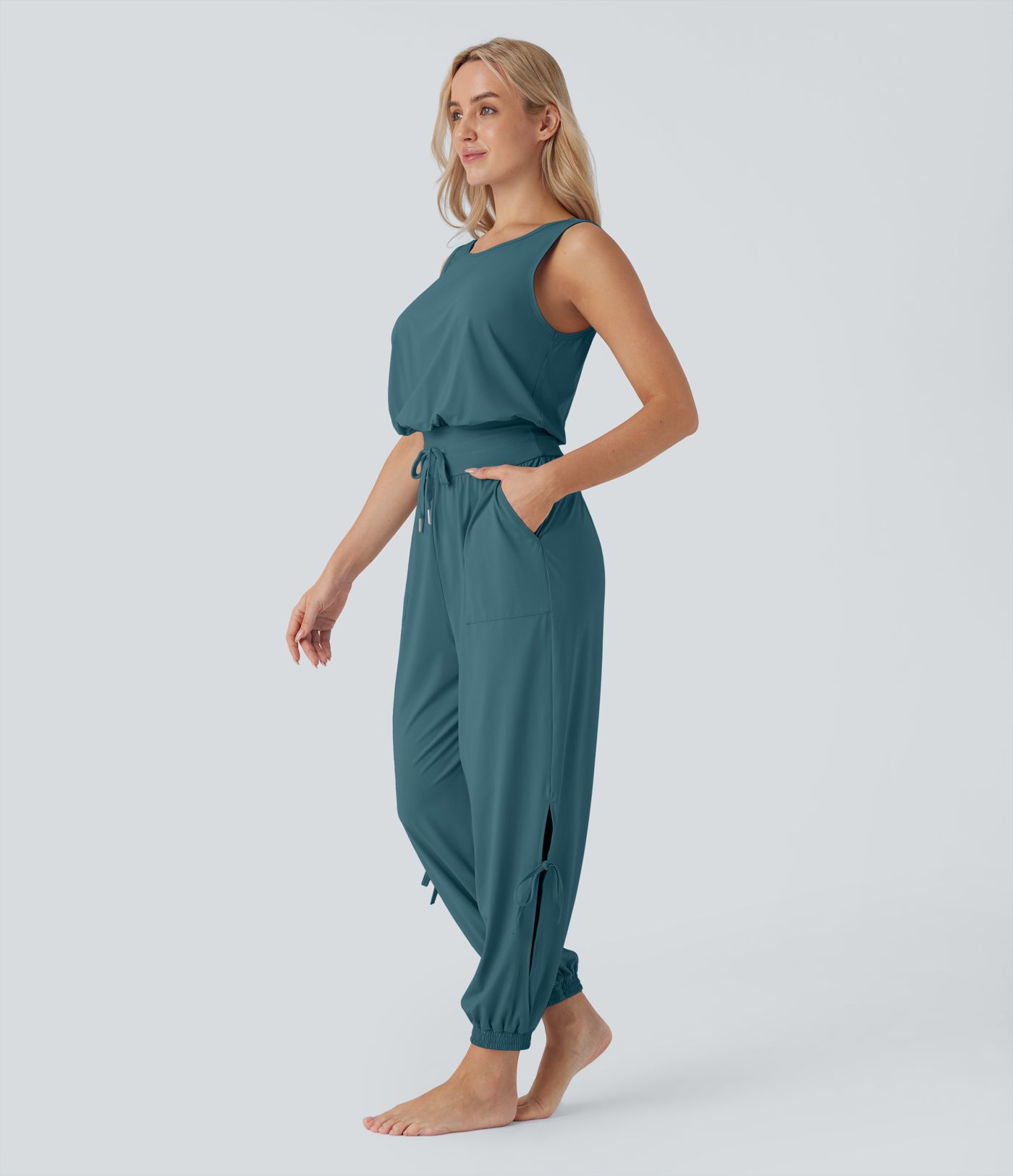 Mono de Yoga Sin Mangas en Corte y Bolsillo en Cordón de Toque Fresco-UPF50+