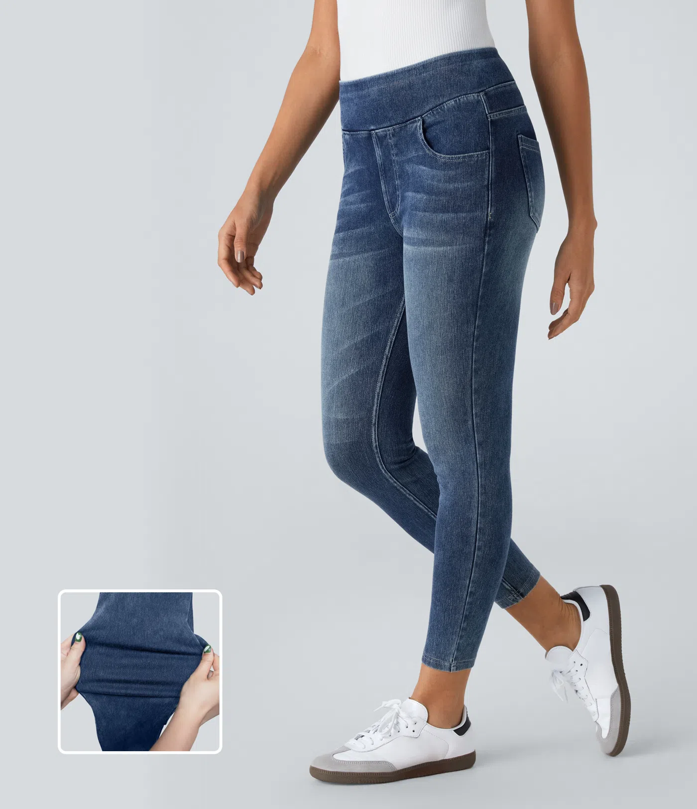 Halara Flex™ Jeans Lässige 7/8-Leggings aus dehnbarem Strickdenim mit hoher Taille und Gesäßtasche Halara Flex™ Jeans Lässige 7/8-Leggings aus dehnbarem Strickdenim mit hoher Taille und Gesäßtasche