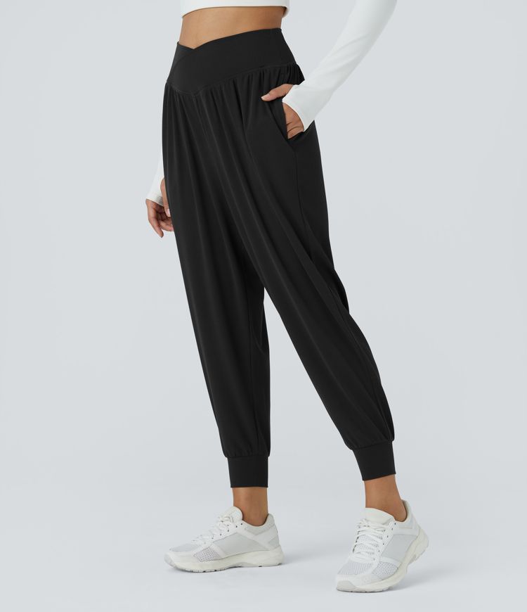 High Waisted Crossover Plicated Side Pocket Waffle Yoga Joggers