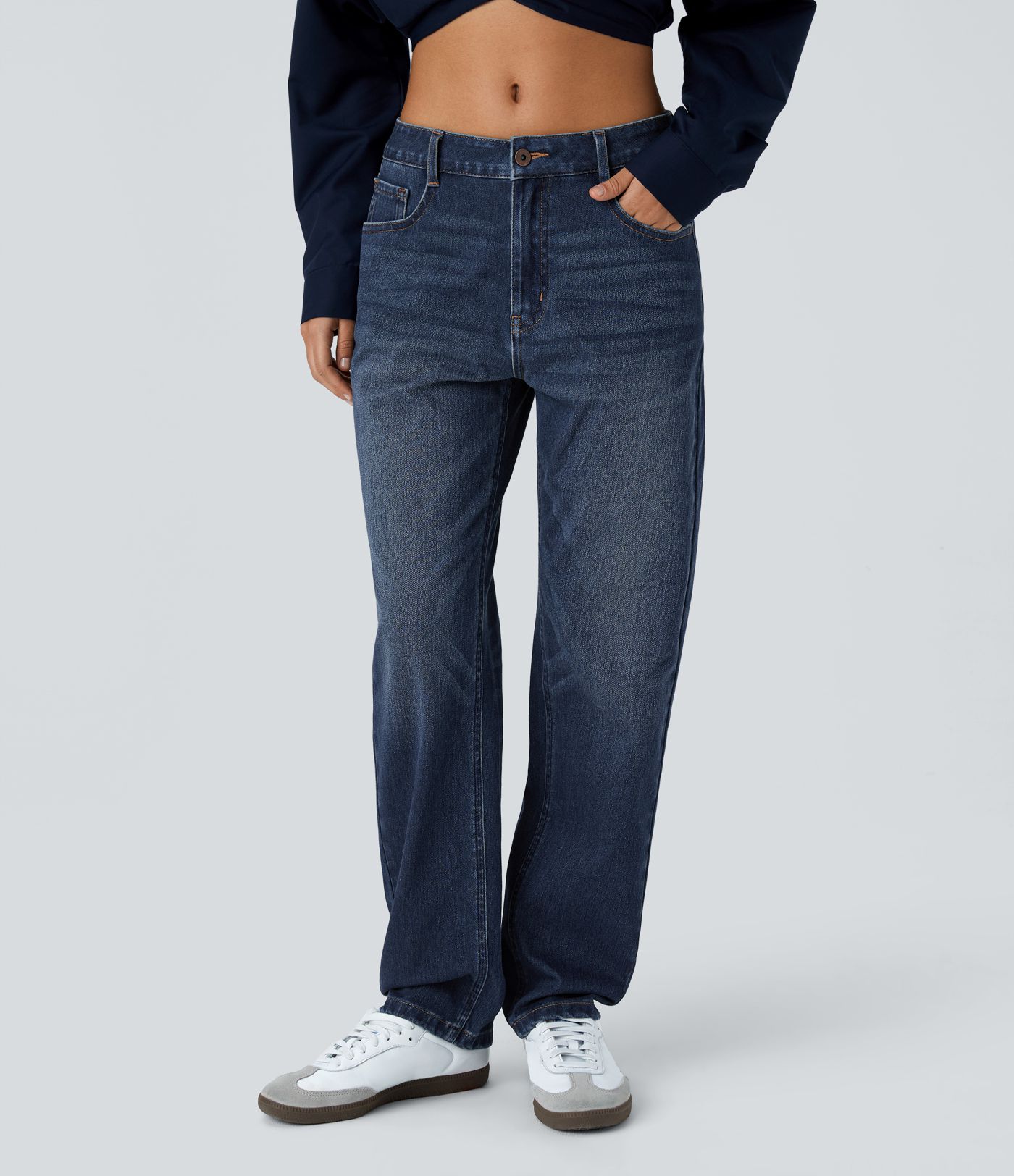 Halara Flex™ Mid Low Rise Button Zipper Multiple Pockets Washed Stretchy Knit Casual Mom Jeans