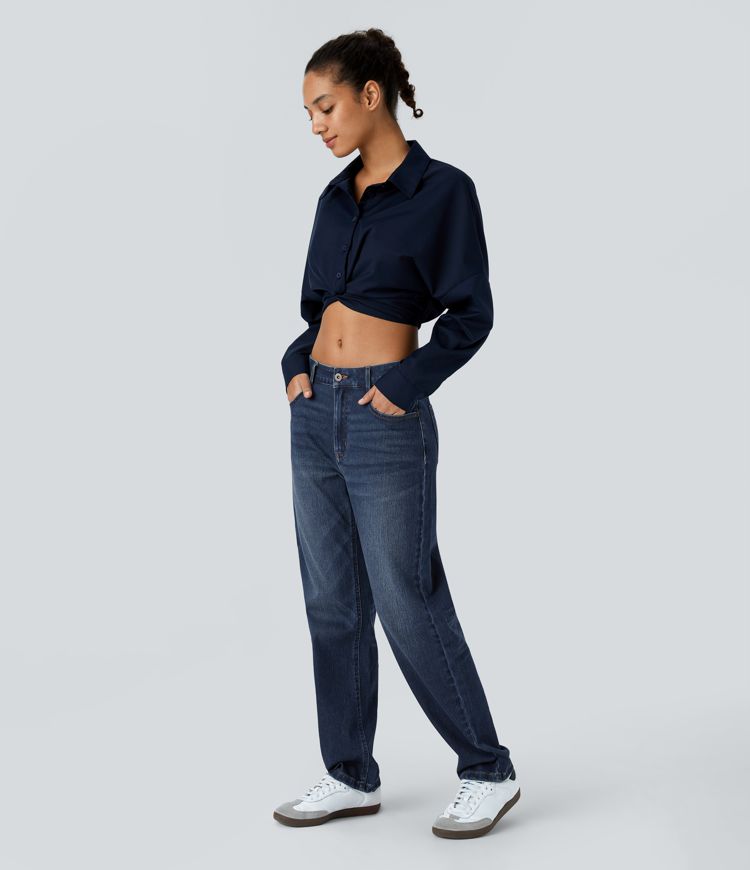 Halara Flex™ Mid Low Rise Button Zipper Multiple Pockets Washed Stretchy Knit Casual Mom Jeans