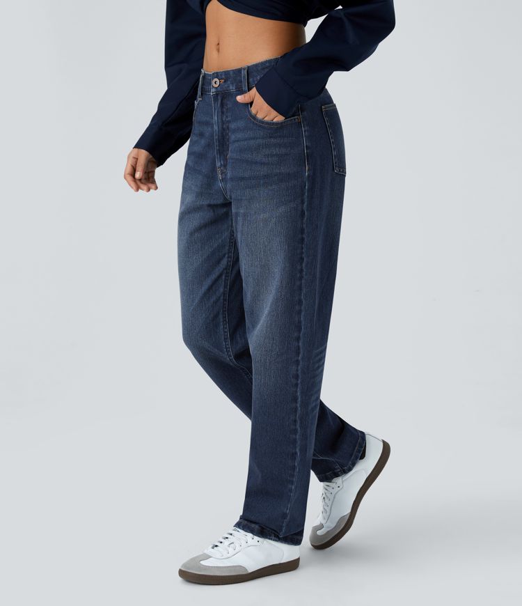 Halara Flex™ Mid Low Rise Button Zipper Multiple Pockets Washed Stretchy Knit Casual Mom Jeans