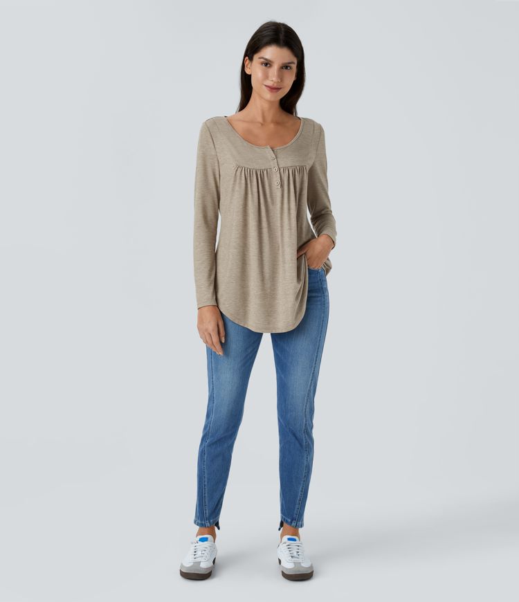 Round Neck Button Long Sleeve Curved Hem Casual Top