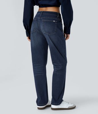 Halara Flex™ Mid Low Rise Button Zipper Multiple Pockets Washed Stretchy Knit Casual Mom Jeans