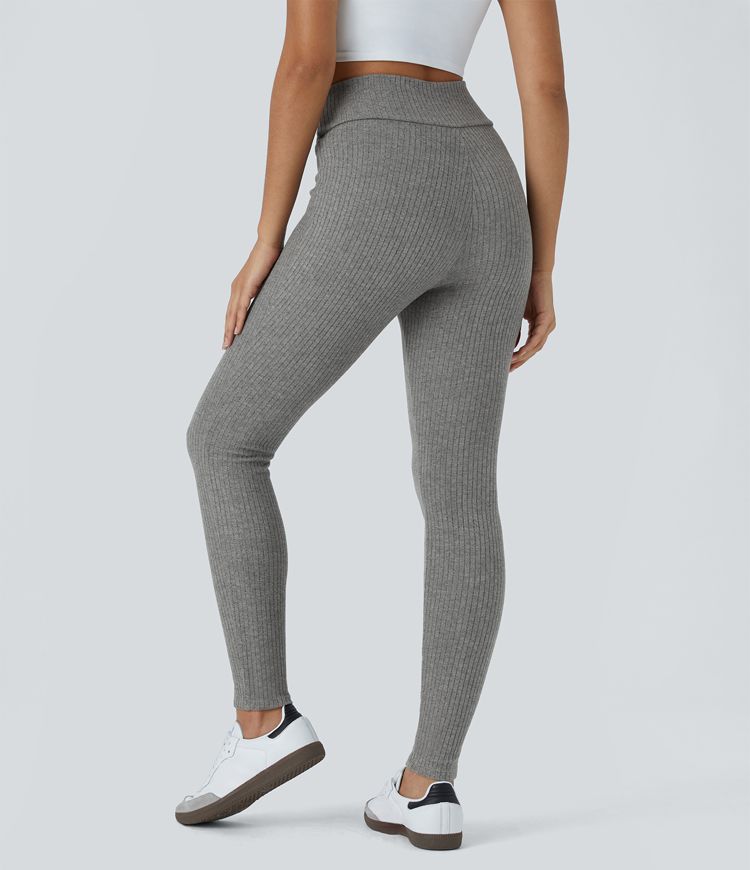 Ribbed Knit Crossover High Waisted 7/8 Fleece Casual Leggings
