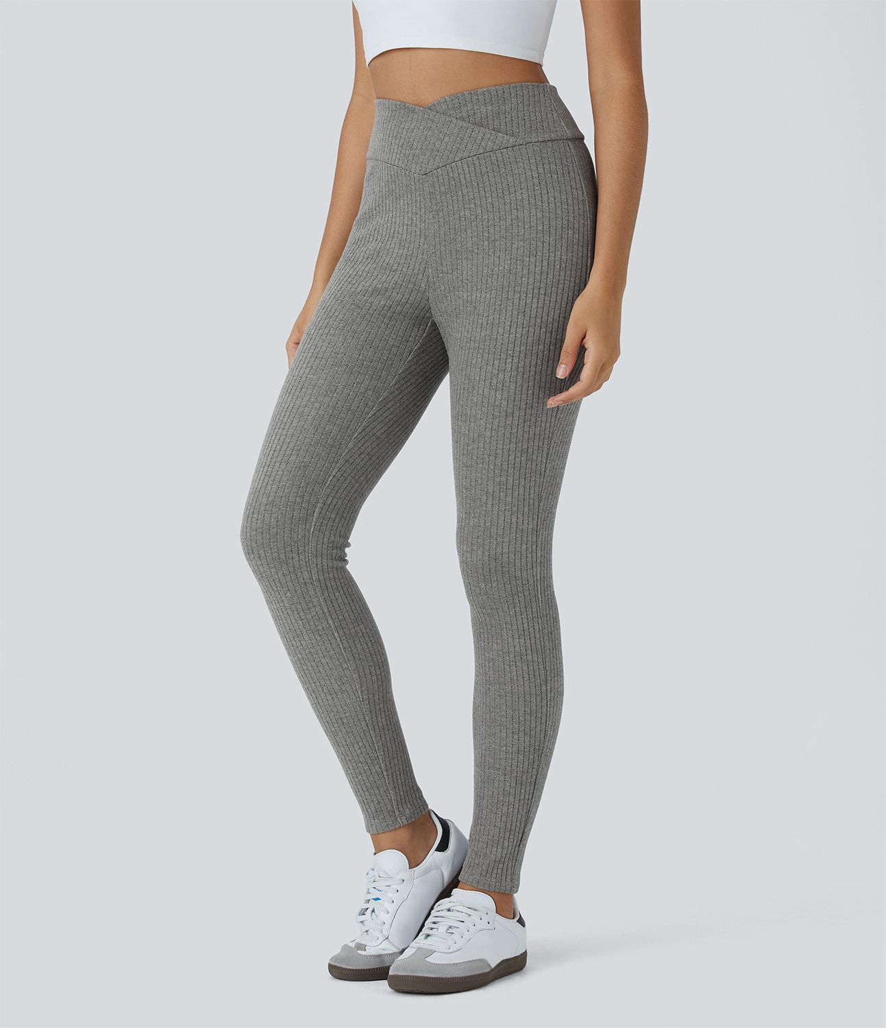 Legging Casual 7/8 à Taille Haute Croisé en Maille Côtelée