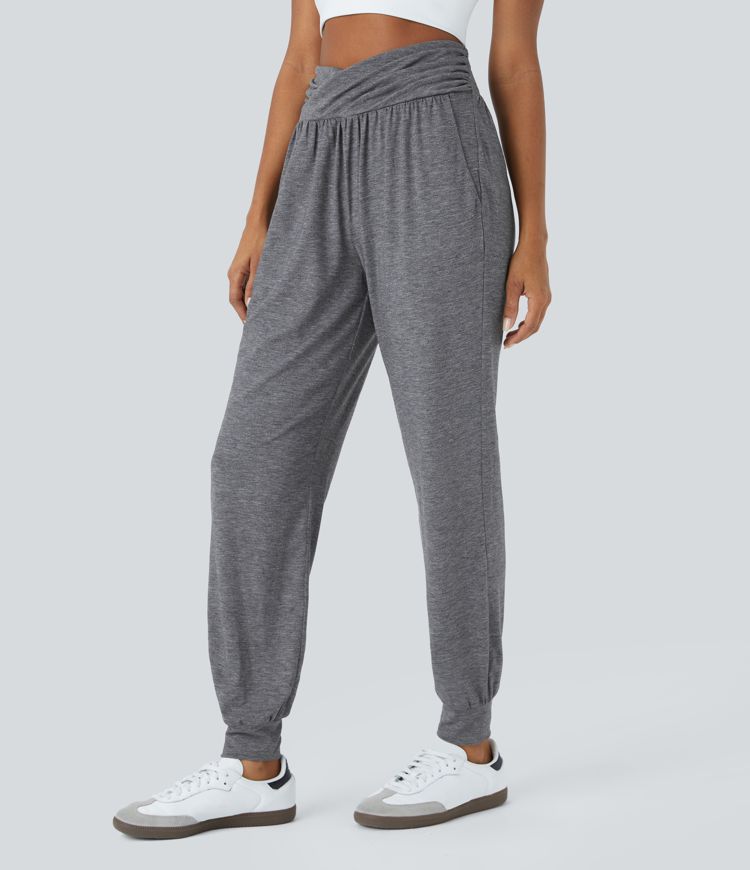 High Waisted Crossover Pocket Casual Joggers