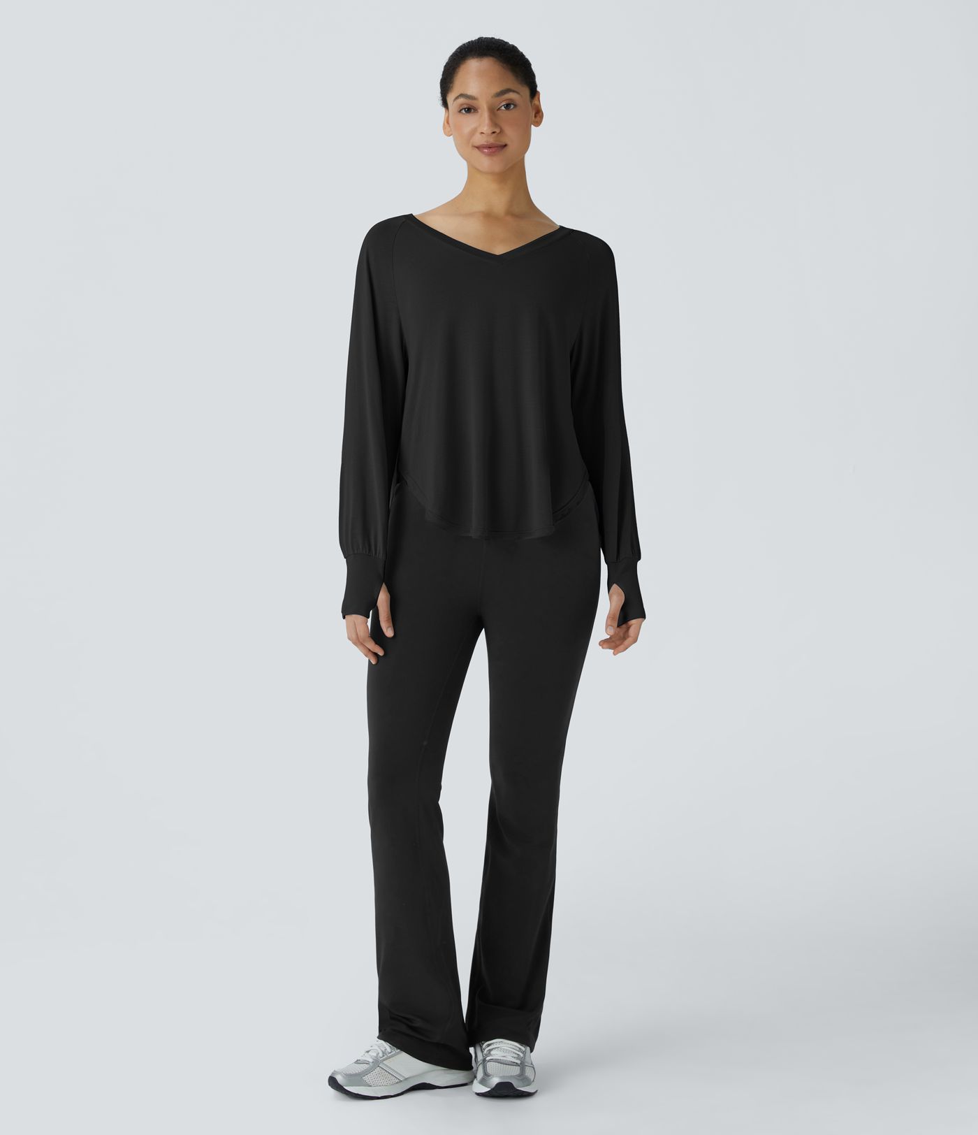 V Neck Thumb Hole Long Sleeve Curved Hem Draped Yoga Sports Top