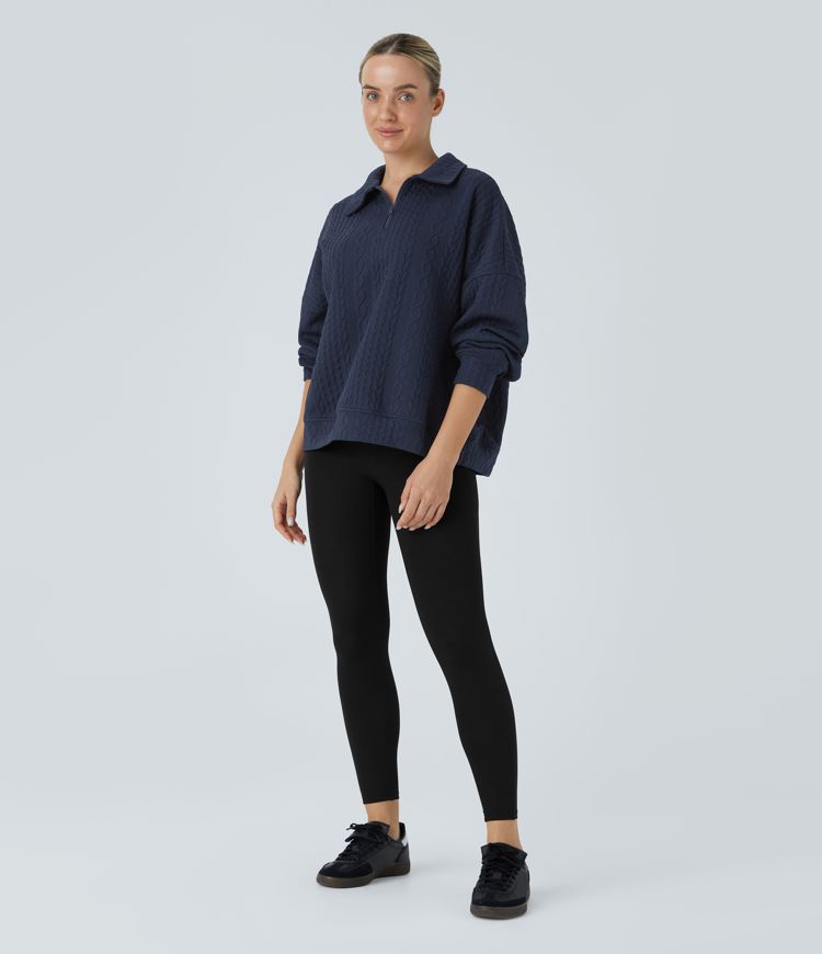 Sweat-shirt décontracté en maille à col, demi-zip et manches longues