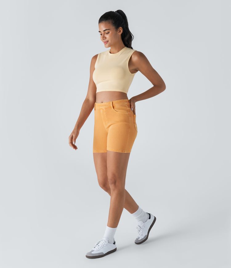 Halara Flex™ Short 12,5cm Casual en Denim Tricot Extensible Lavé à Taille Haute avec Multiples Poches Colorées