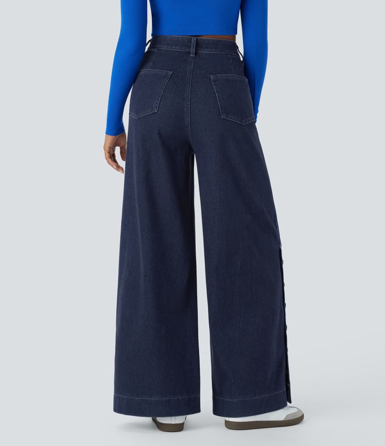 Halara Flex™ High Waist Button Zipper Foldable Multi-Pocket Split Stretch Knit Casual Wide Leg Full Length Jeans