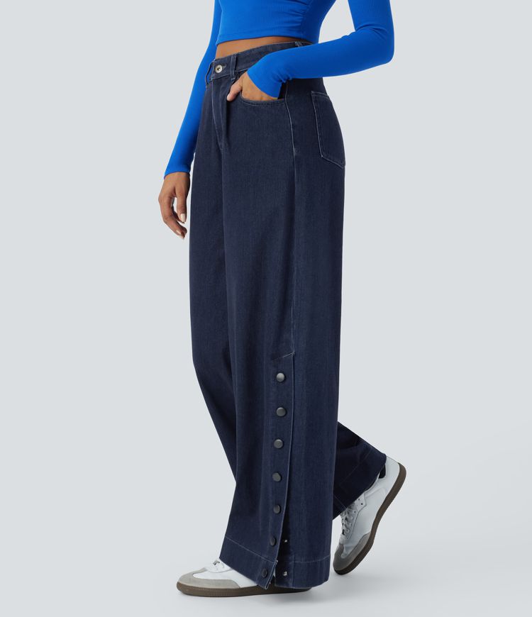 Halara Flex™ High Waist Button Zipper Foldable Multi-Pocket Split Stretch Knit Casual Wide Leg Full Length Jeans