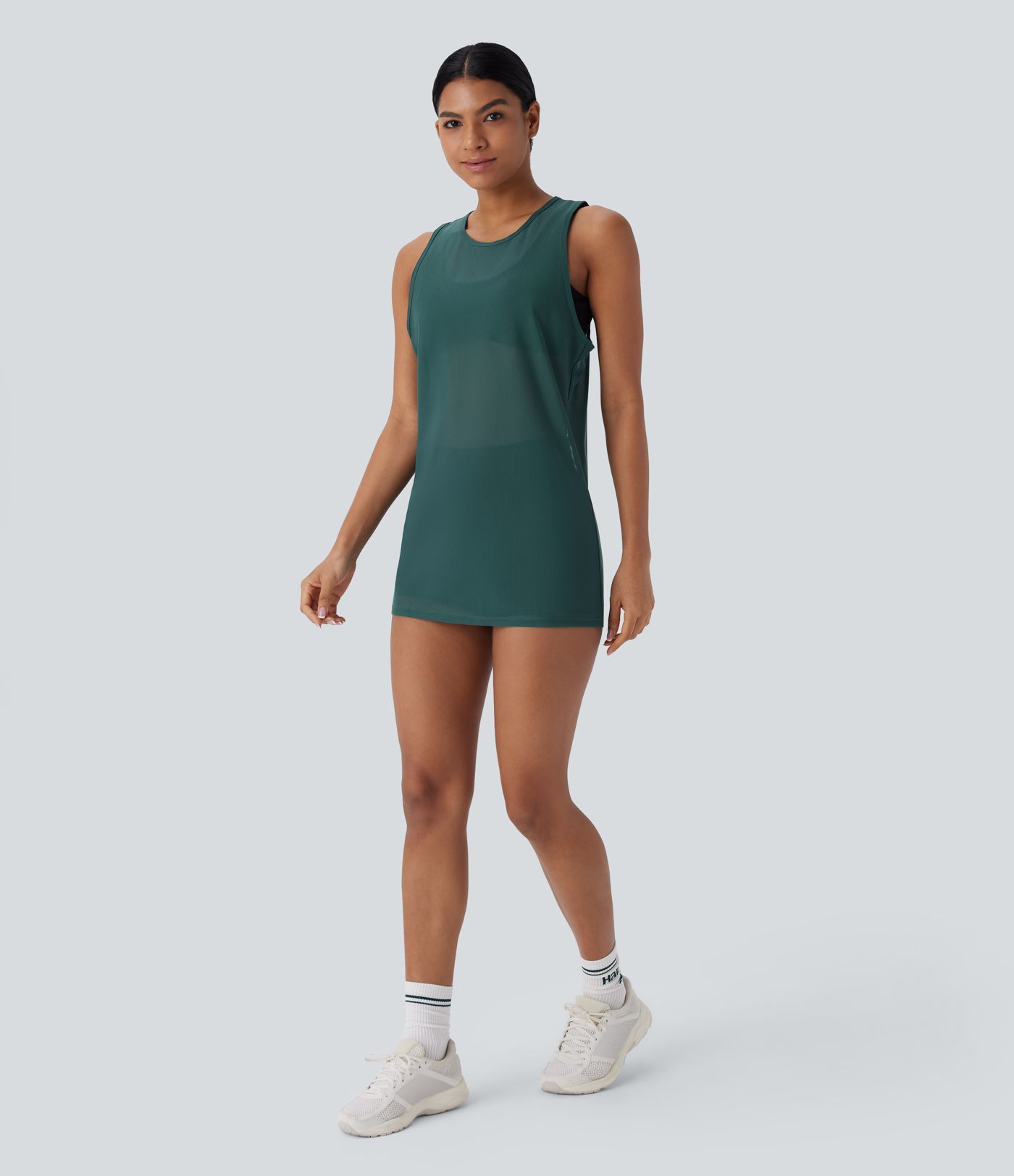 Sheer Round Neck Mesh Longline Running Tank Vest Top