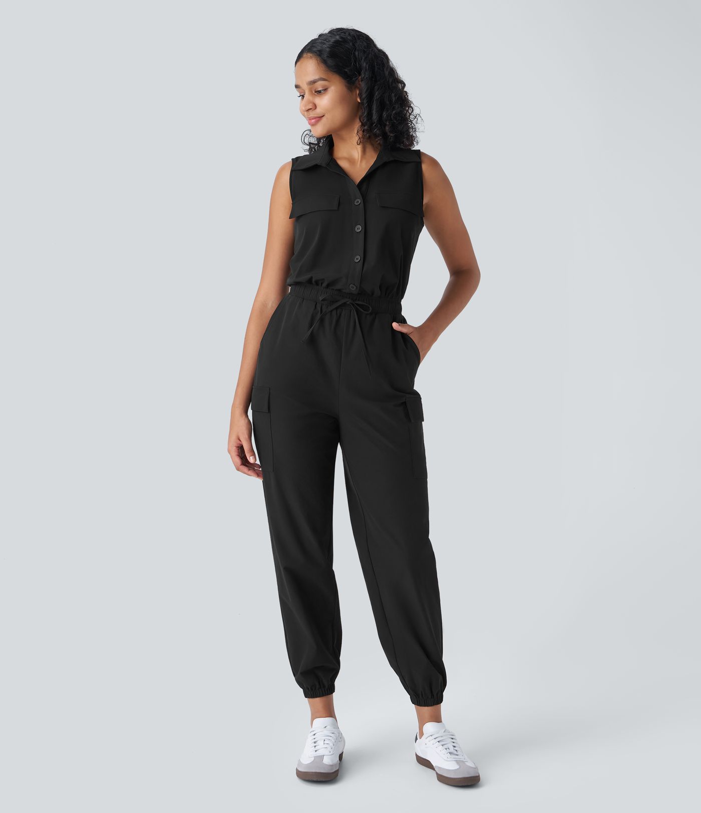 Sleeveless Drawstring Pockets Casual Cargo Jogger Jumpsuit