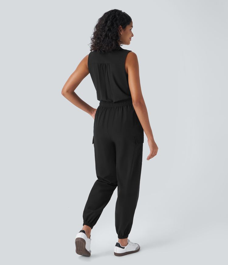Sleeveless Drawstring Pockets Casual Cargo Jogger Jumpsuit