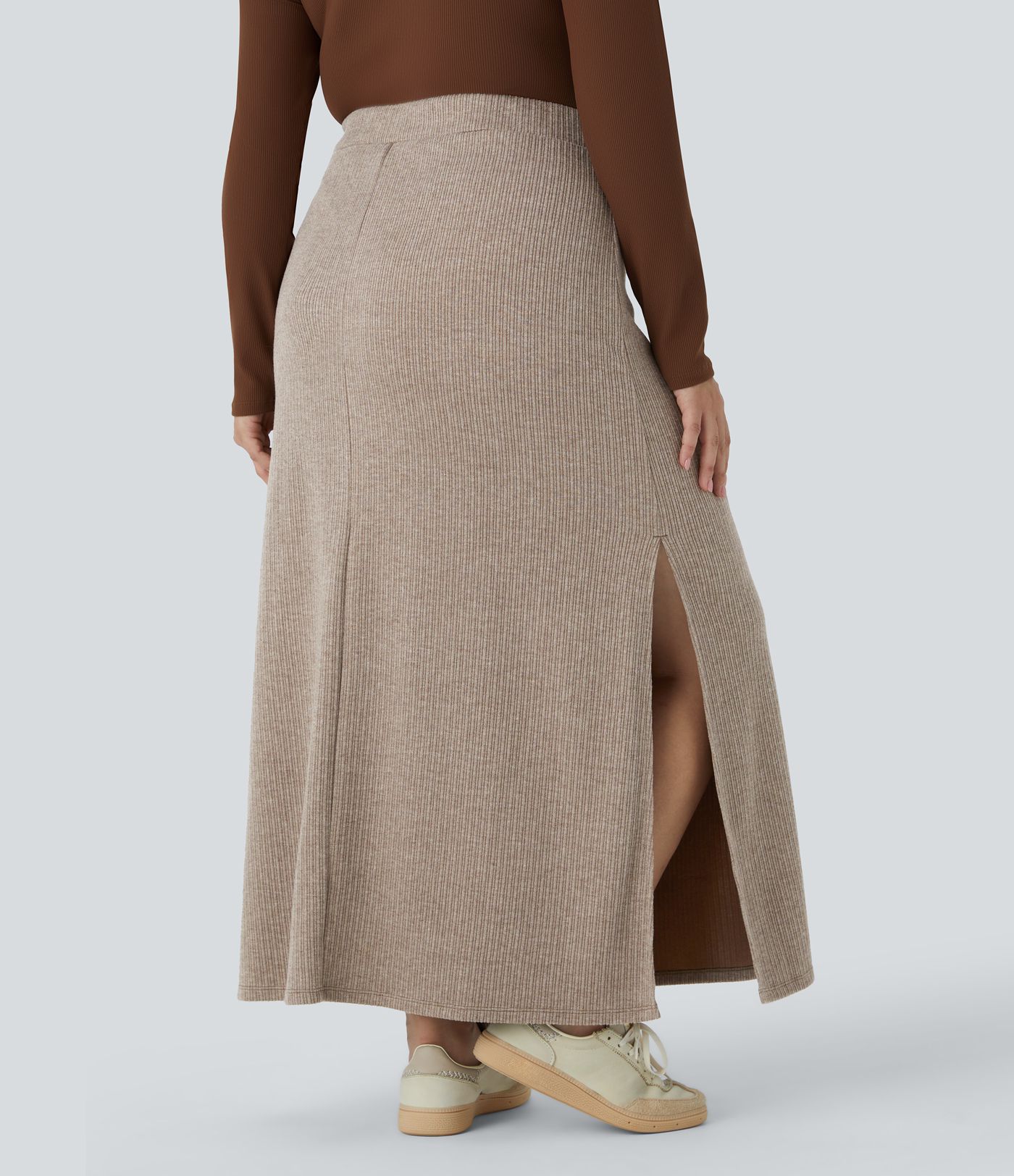 Ribbed High Waisted Hem A Line Maxi Casual Plus Size Skirt