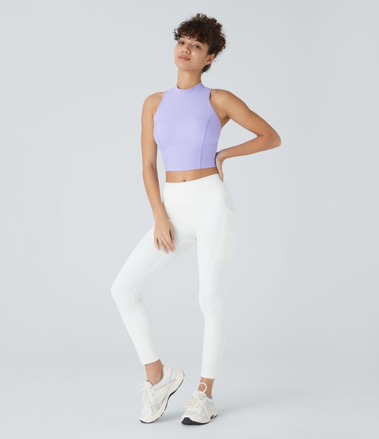 Ribbed Stand Collar Racerback Cropped Skinny Workout Tank Vest Top