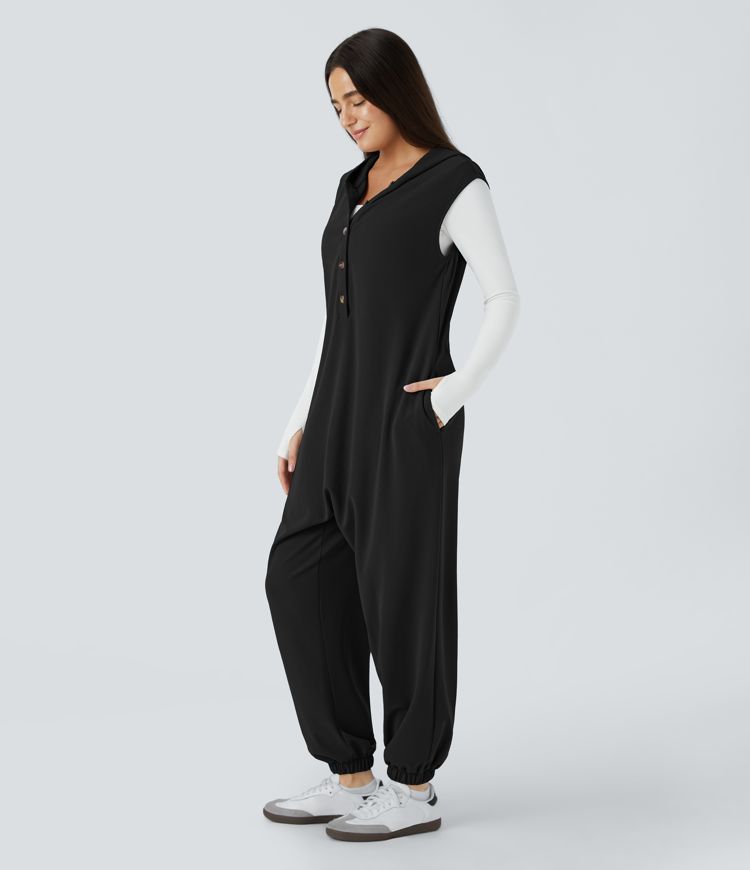 Hooded Button Front Sleeveless Side Pocket Waffle Casual Jumpsuit