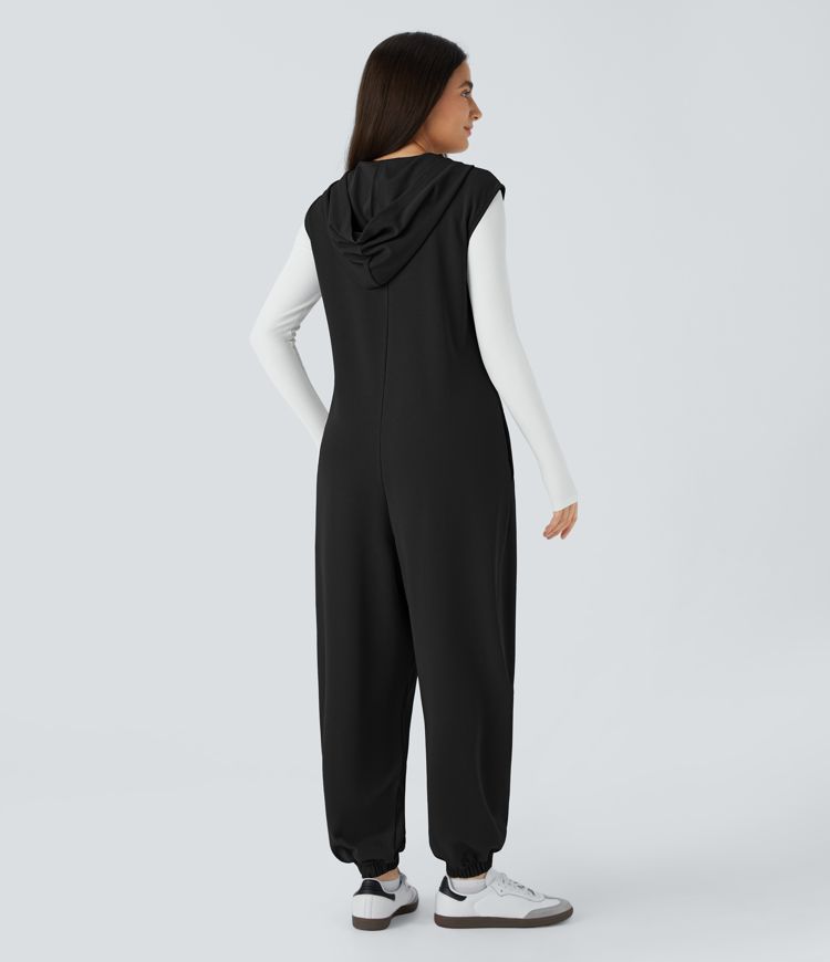Hooded Button Front Sleeveless Side Pocket Waffle Casual Jumpsuit